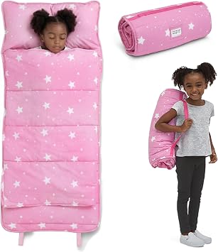 Delta Children Nap Mat - Includes Pillow & Blanket for Toddlers and Kids; Features Carry Handle w/Strap Closure and Name Tag; Rollup Design is Ideal for Preschool and Daycare; Personalization Optional