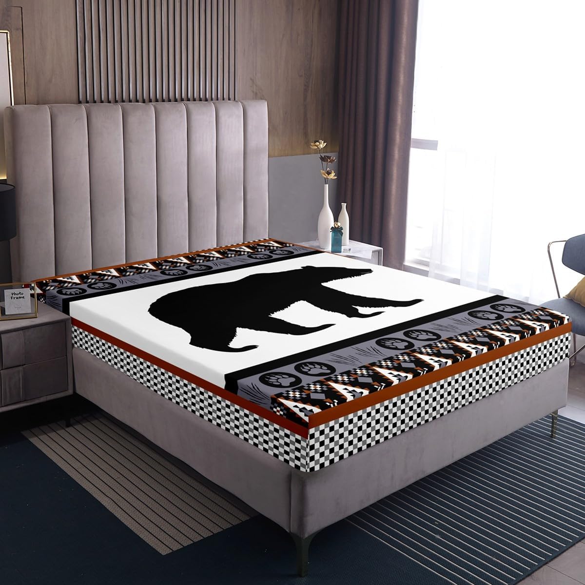 Erosebridal Bear Bed Sheets Set Queen, Rustic Cabin Decor Sheet Set Southwestern Sheets Cowboys Gifts for Men, Tribal Wildlife Animal Western Decor Top Sheet with 2 Pillow Cases, Grey White