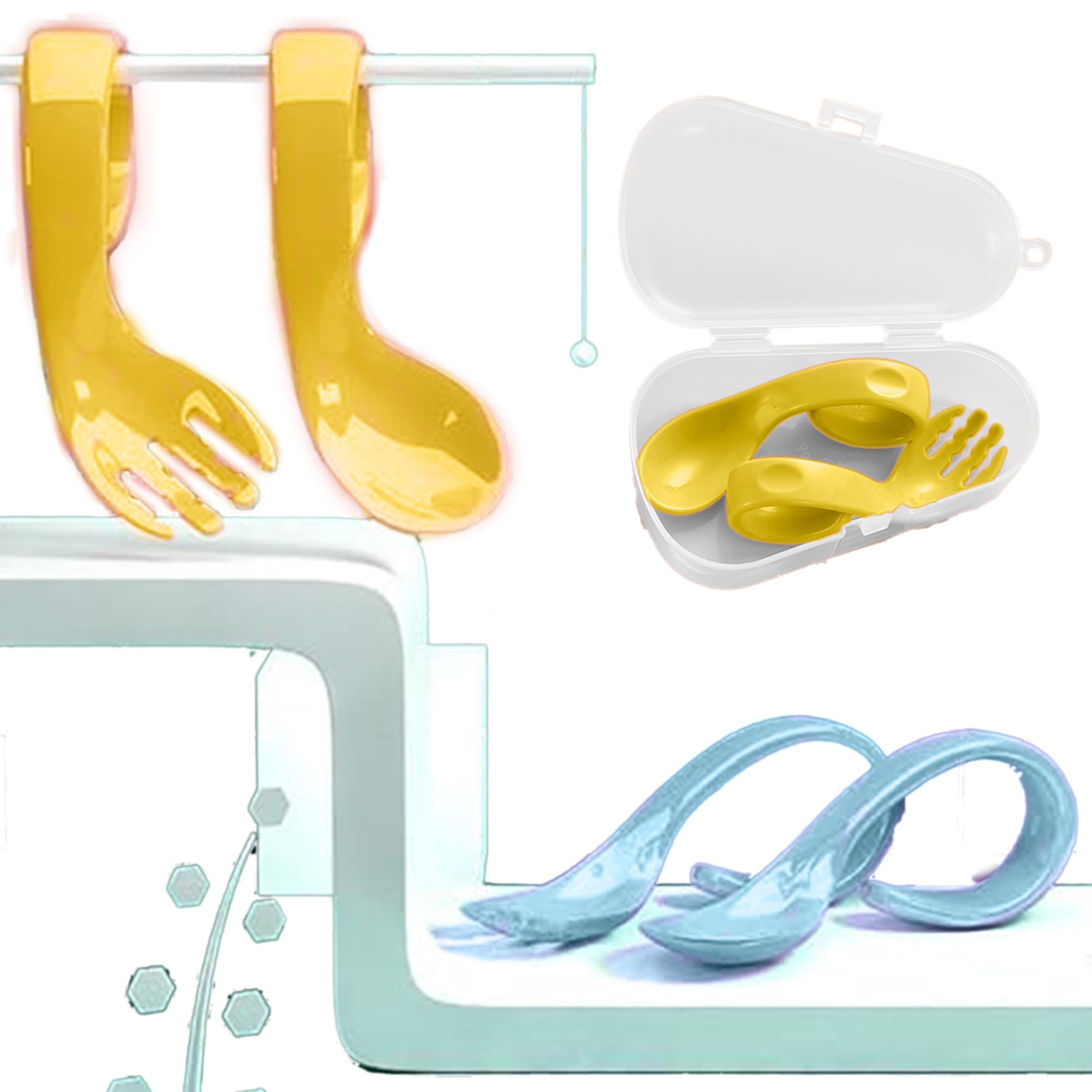Babymoon | Set of 3 | Learn to Eat Baby Self Feeding Set | Silicone Spoon and Fork Along with Storage Box | Yellow | Blue-image-48