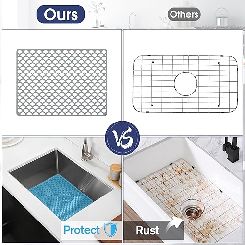 Miniatura 10 de Protector de fregadero de silicona, agujero de drenaje trasero de 28 x 15 pulgadas, resistente al calor, antideslizante, apto para lavavajillas,