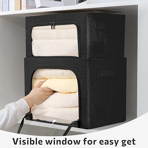 Miniatura 5 de FHSQX Paquete de 2 contenedores de almacenamiento de ropa plegables con marco de metal, juego organizador de tela de lino con asas de transporte y