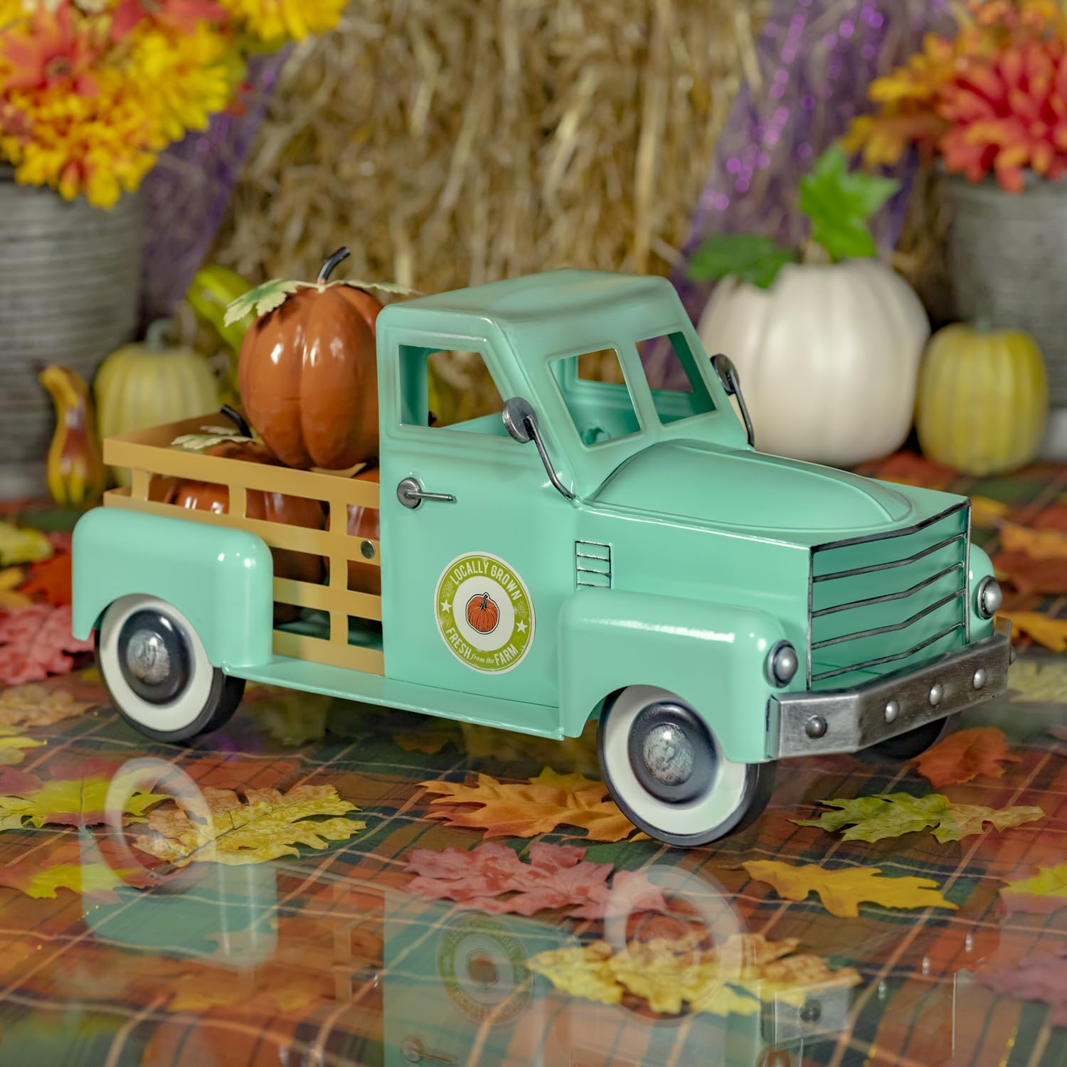 Zaer Ltd. Metal Autumn Harvest Truck with Removable Pumpkins (Teal)