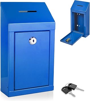 Metal Easy Wall Mounting or CounterTop Charity Donation Collection Box Secure Suggestion and Ballot Box With Top Coin Slot, Lock Included with 2 Keys Blue