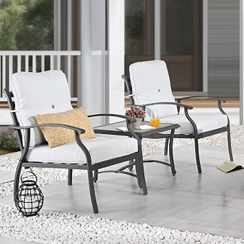 Patio Bistro Set 3 Pieces Metal Outdoor Furniture Sets Metal Patio Chairs with Side Table Thick Cushions Galvanized Steel Frame Beige