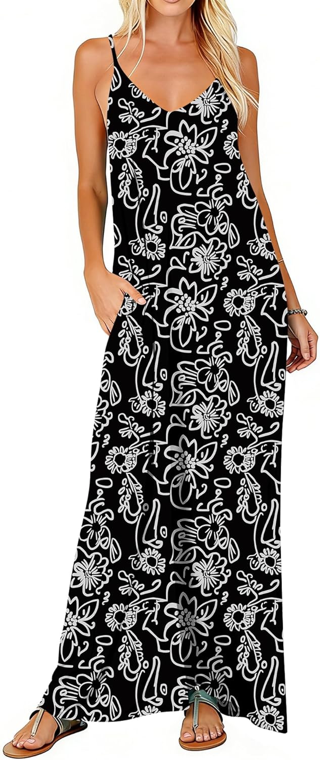 Poetsky Womens Casual Strappy V Neck Sleeveless Flowy Pockets Loose Long Maxi Beach Dress Sundress