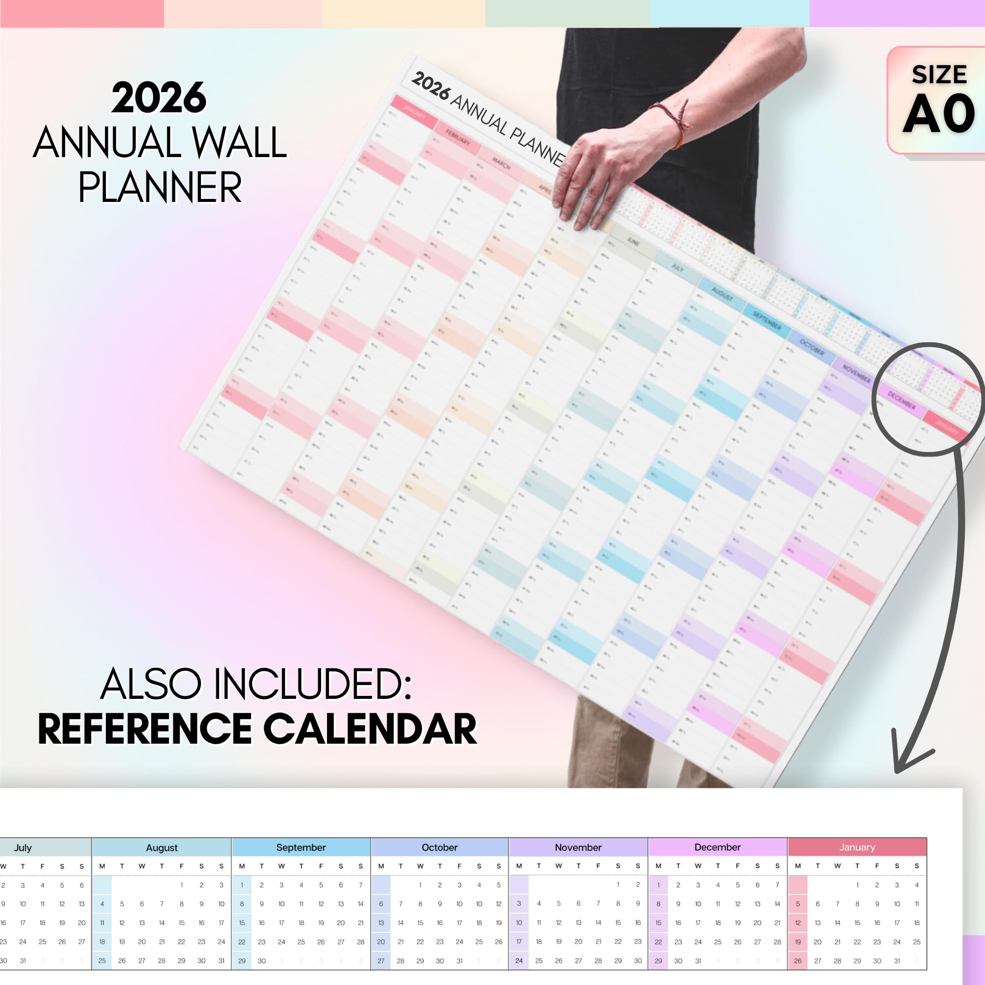 2026 Planificador Mensual Gigante de Pared, A0 119 cm x 84 cm | IMPRESIÓN GIGANTE DOBLE LADO, Calendario de Pared Arcoíris 2026, Planificador Anual, Vista Completa del Año | Organizador para Oficina
