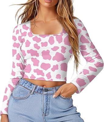 Womens Long Sleeve Square Neck Tops Sexy Slim Fitted Crop Top Casual Shirt