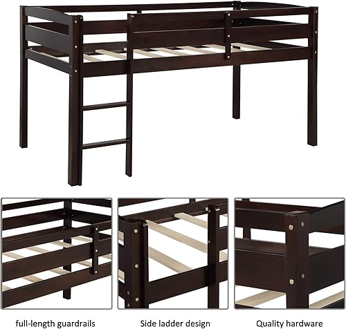 Miniatura 5 de P PURLOVE Cama tipo loft de tamaño individual, cama baja de madera con escalera para niños, no necesita somier