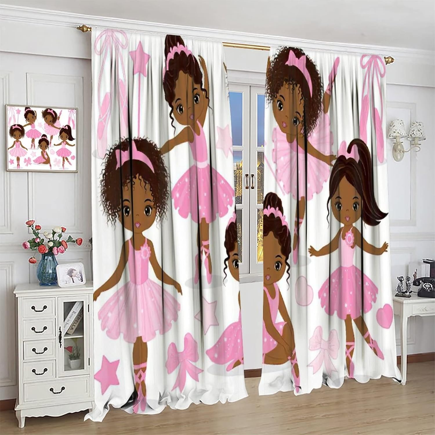 Pink African American Ballerina Window Curtain, Cute Little African American Ballerinas Ballet Princess Dancer Room Darkening Door Window Rod Pocket Curtain for Girls Kids Bedroom Living Room 42x63in