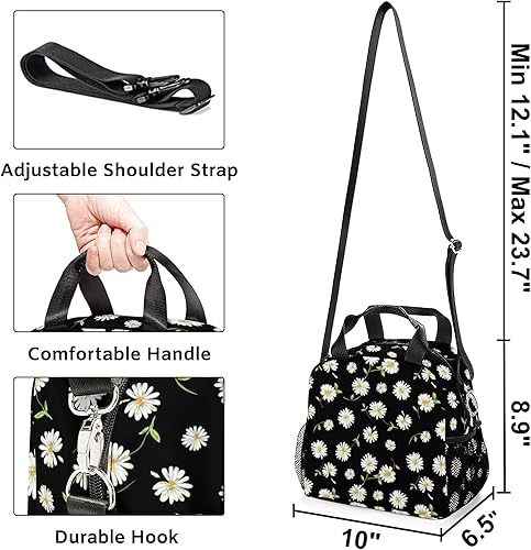 Miniatura 4 de Lamtwbos White Daisy - Lonchera térmica para mujeres y niñas, impermeable, para escuela, trabajo, picnic, almuerzo, bolsa de mano con correa