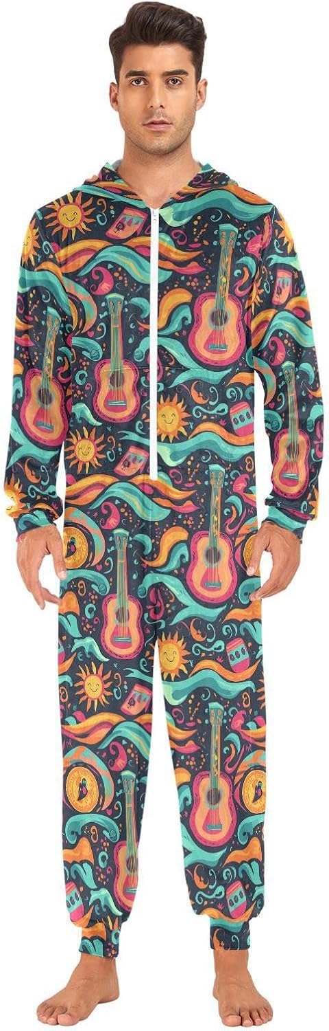 ZZKKO Ethnic Tribal Style Guitar Adult Onesie Pajamas for Women Men Cozy One Piece Pajamas Costume Zip-Up Hooded S-XL