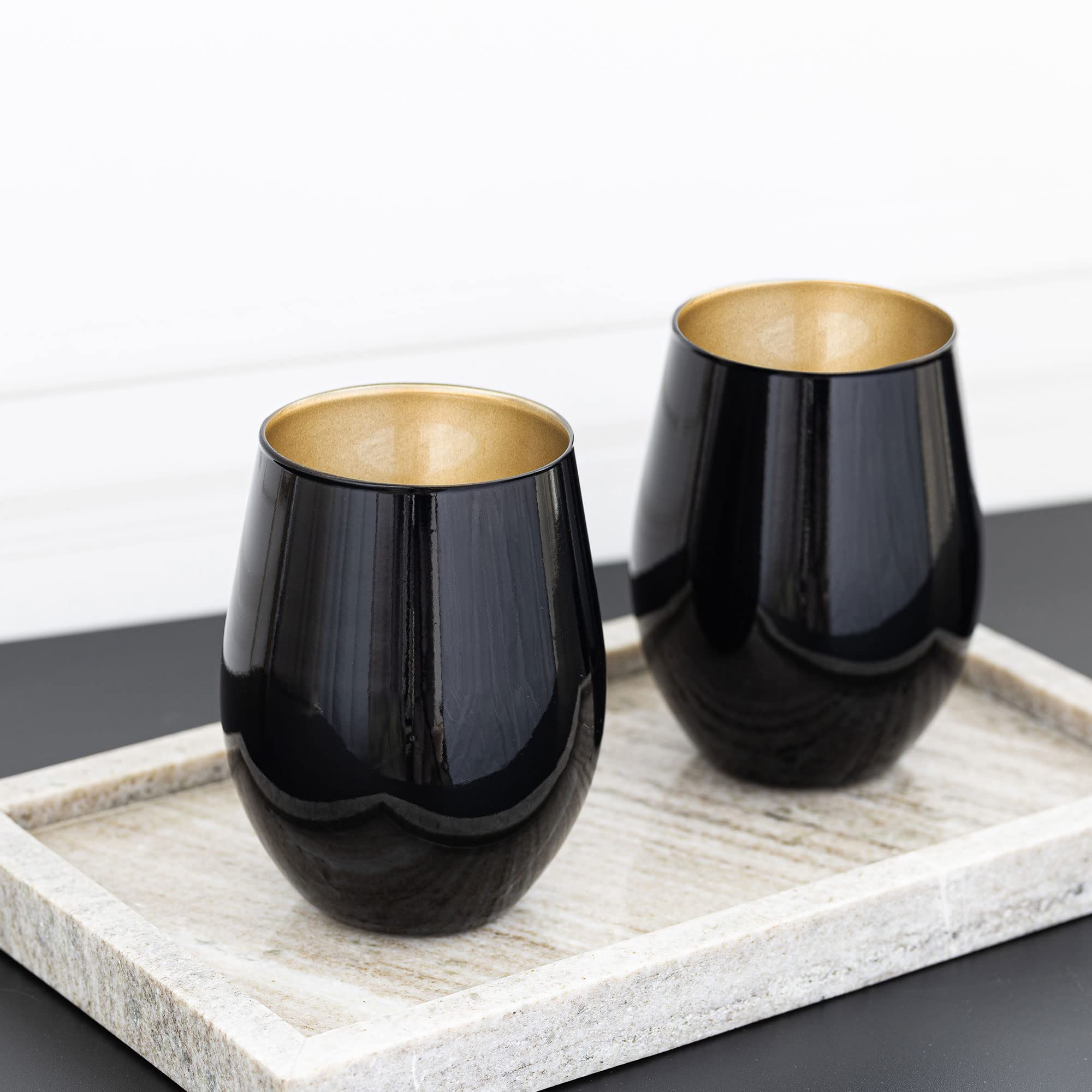 TREND FOR HOME Bicchieri Colorati Vetro 580 ml Bicchieri Acqua Vetro Set da 6 Pezzi Bicchieri Acqua Moderni Tumbler Basso, Phoebe Great Gatsby, Nero/Oro