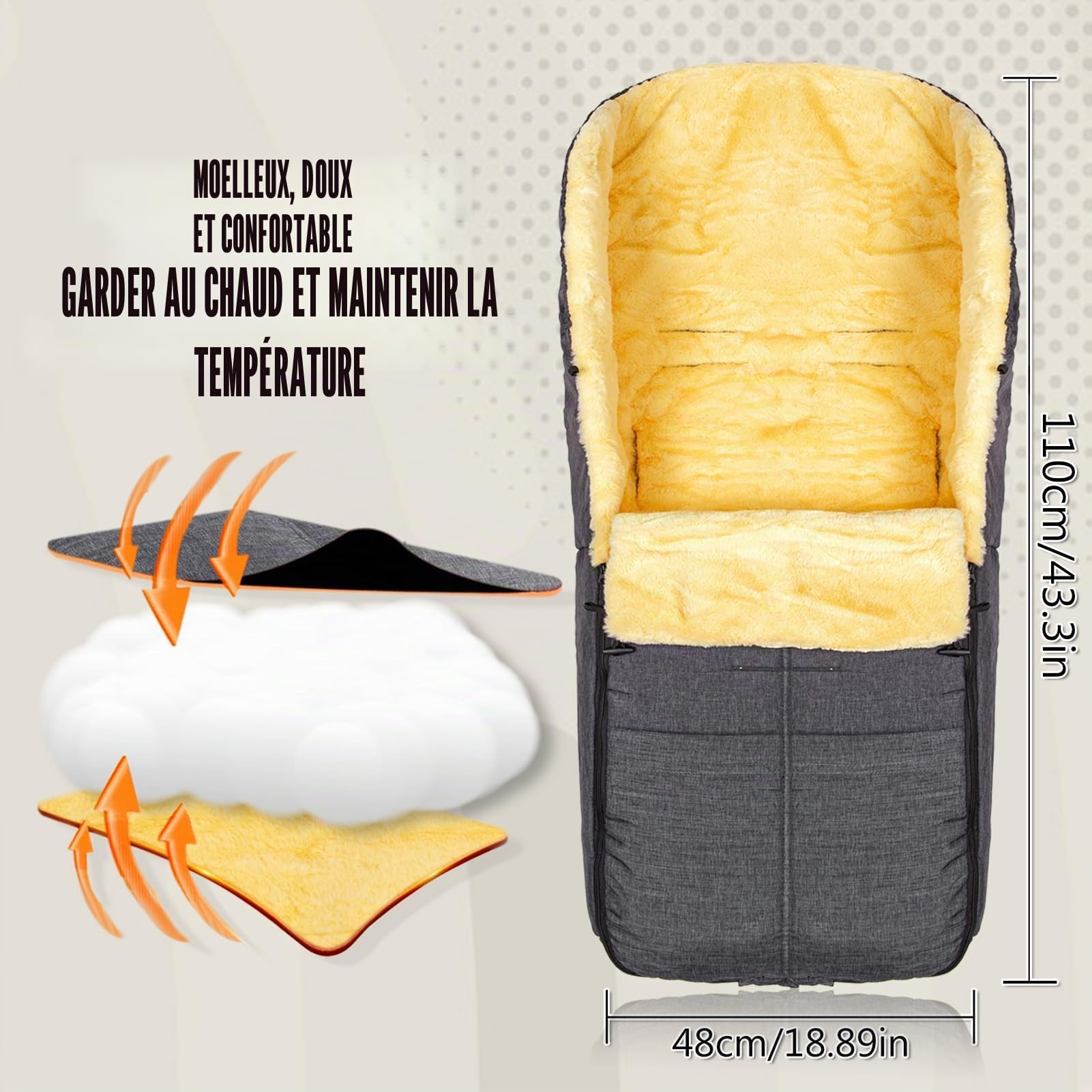 Chanceliere Universelle pour Poussette Doublure Chaude - Chancelière d'hiver pour bébé avec Capuche à Cordon, pour Landau, Double épaississement