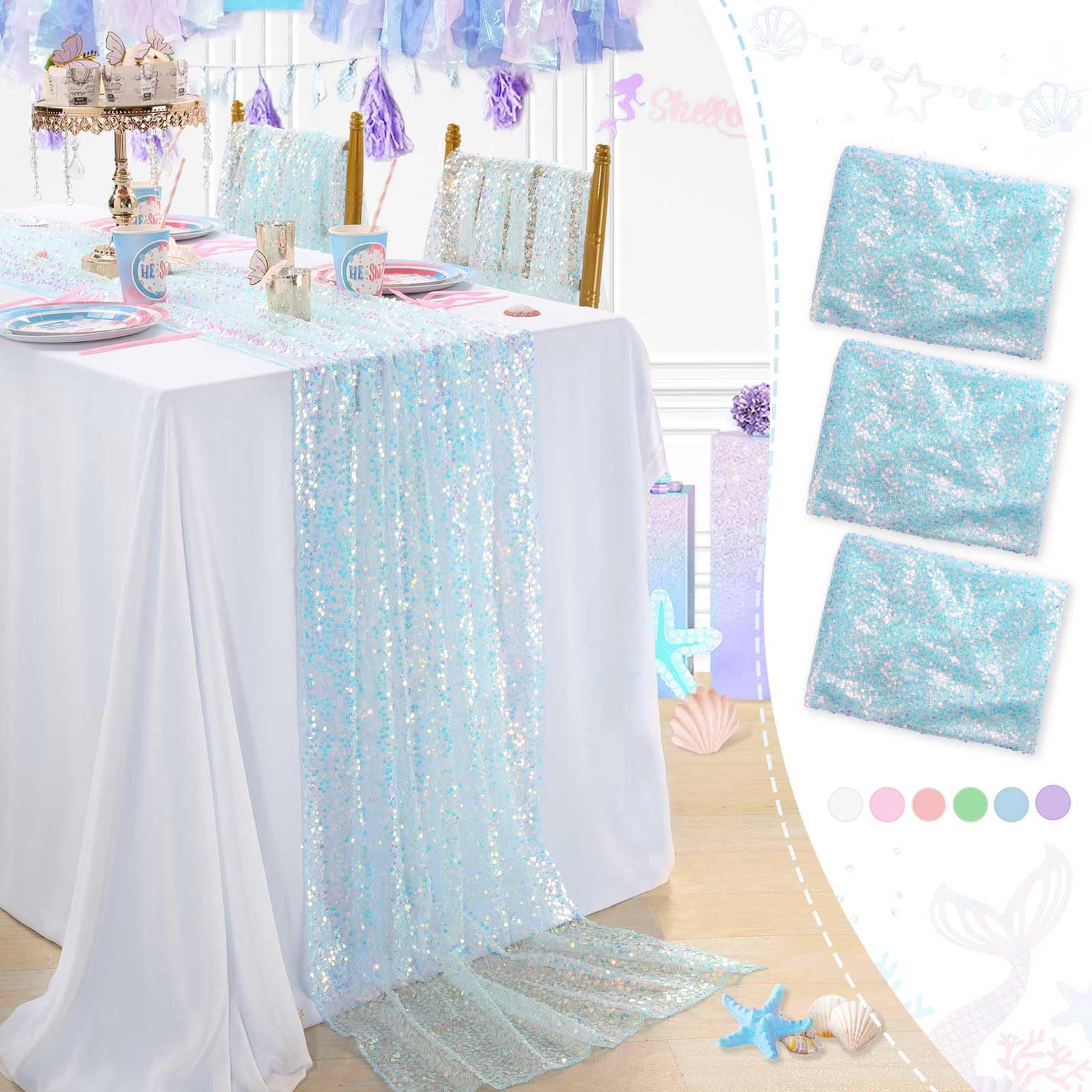 Chemin de table à paillettes bleues irisé pour table rectangulaire bébé requin de fête - 2