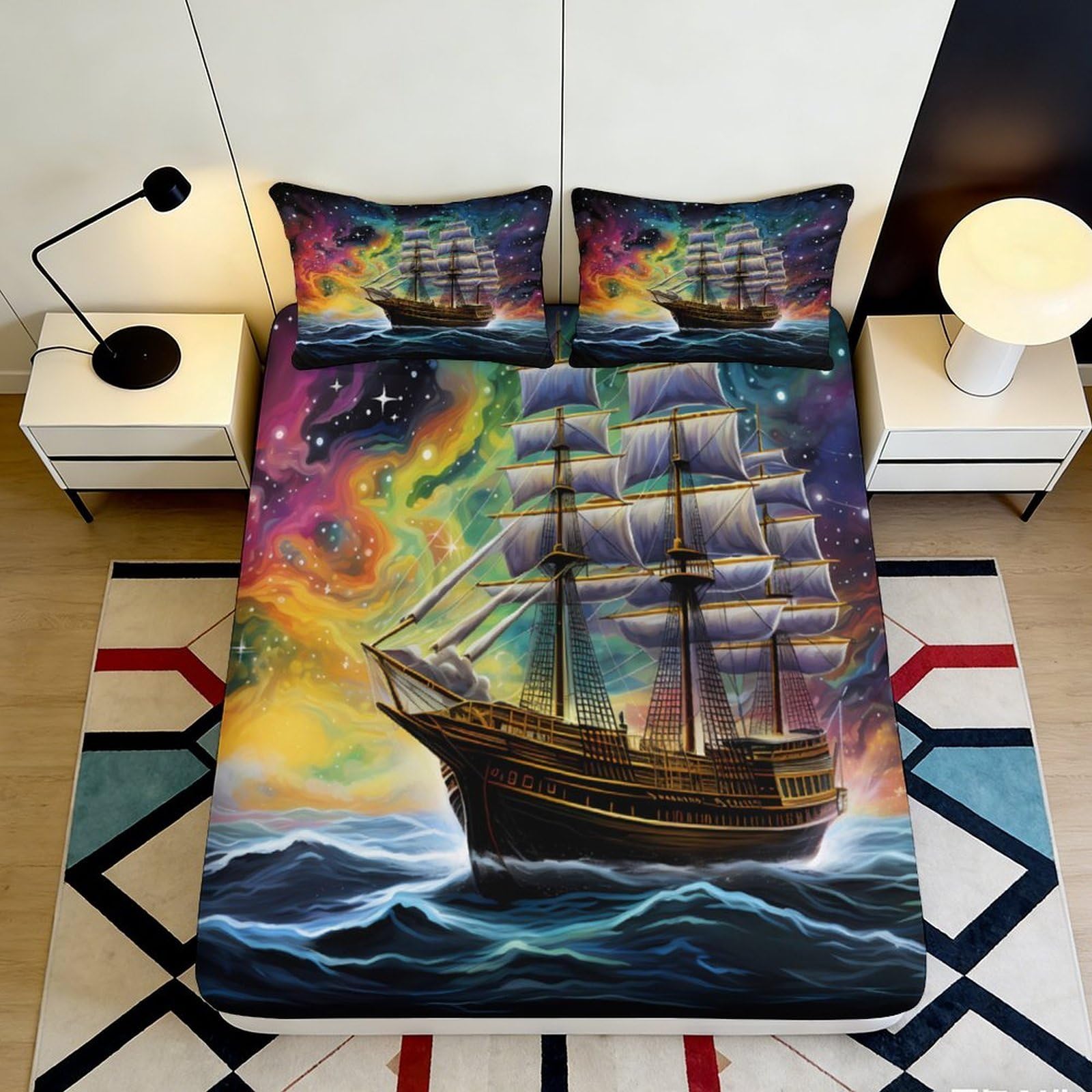Jqzkxnhpbr Style-9 3D Printed Sailing Ship Fitted Sheet Microfiber Soft Aurora Mattress Cover For Bedroom Guest Room Dorm Decor 90X200x25cm