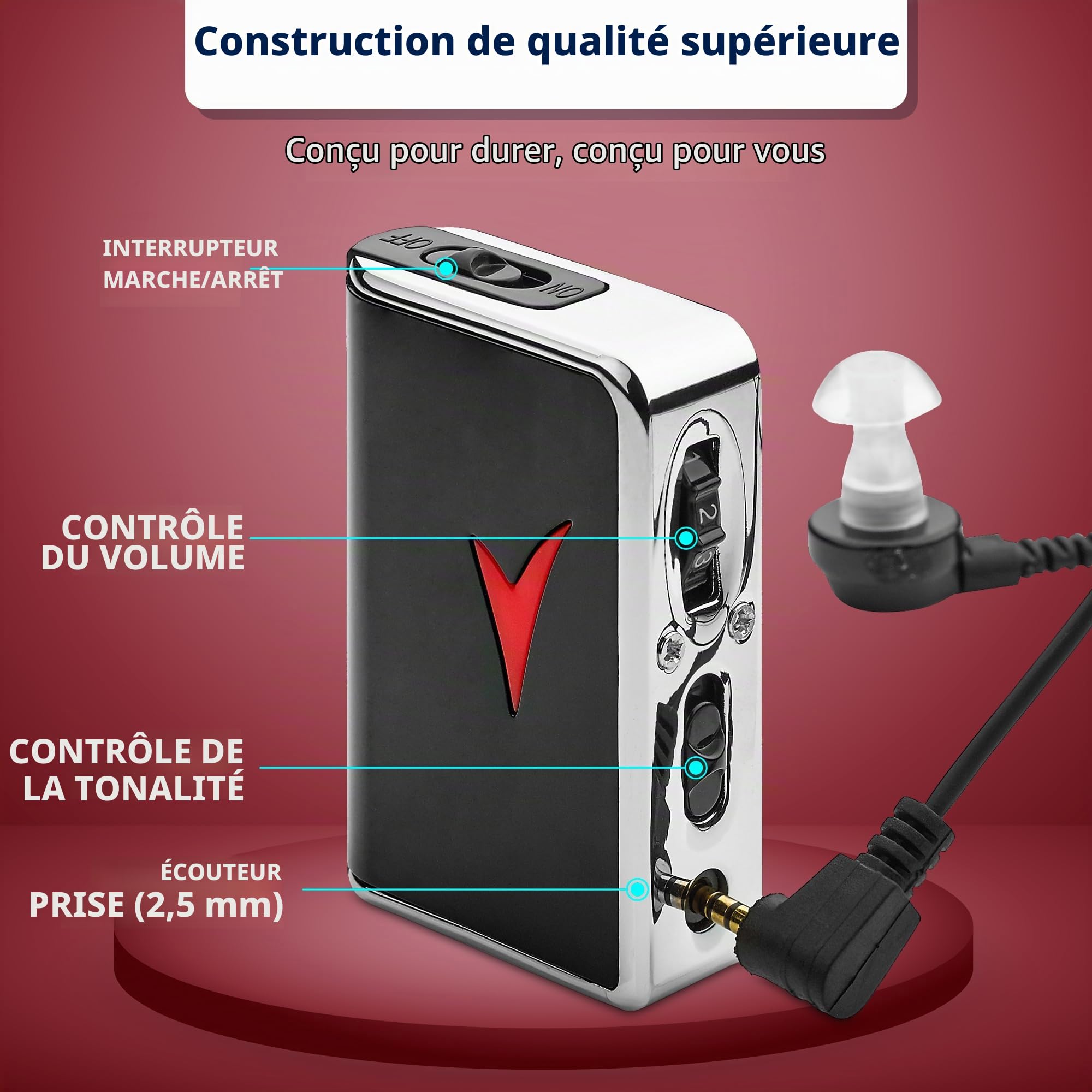 MEDca Amplificateur sonore personnel - Dispositif d'amplification de l'audition et dispositif d'amélioration de la voix pour un gain sonore de 50dB, jusqu'à 100 pieds de distance