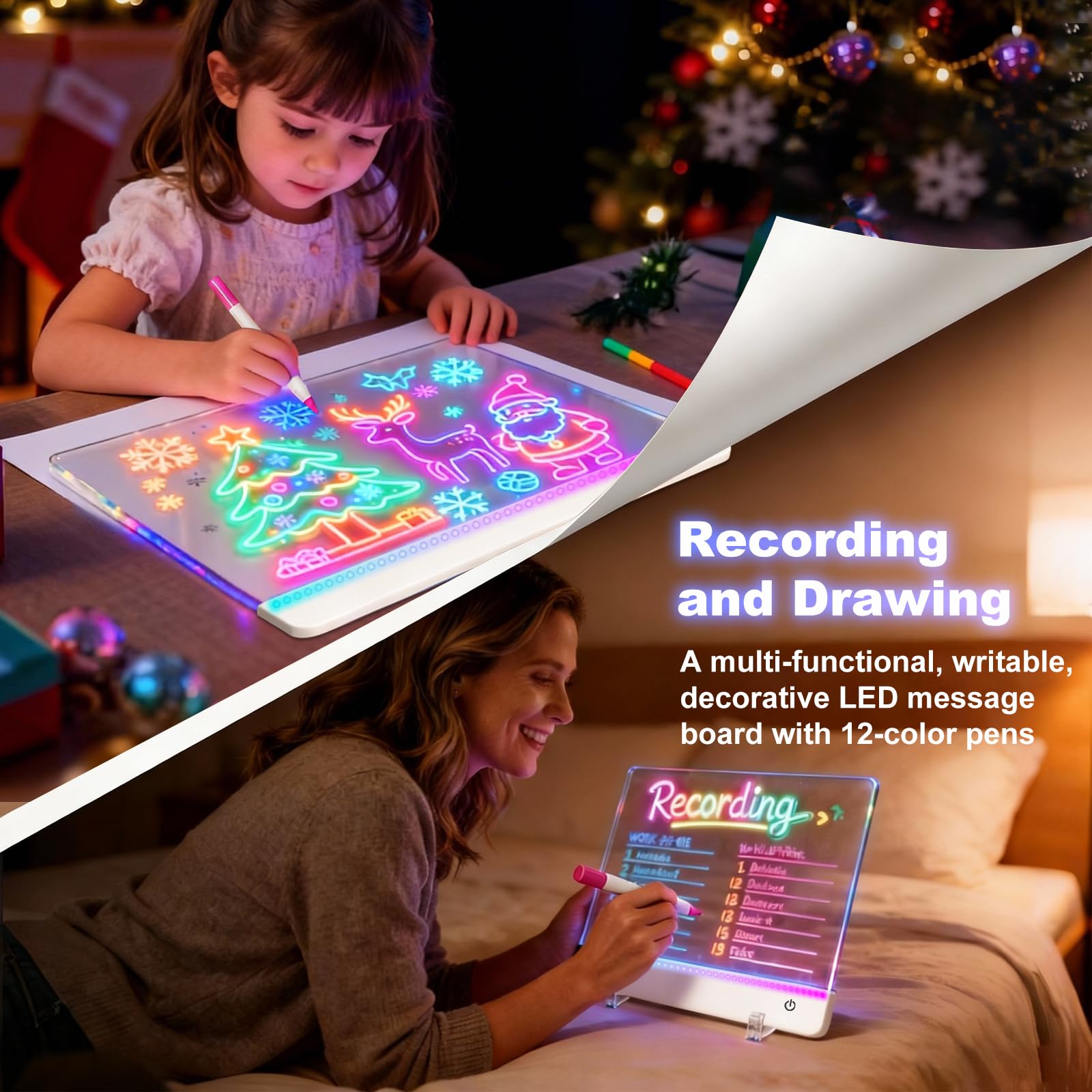 Tablero de dibujo LED recargable 12 colores pizarra acrílica transparente borrable 30 x 20 cm