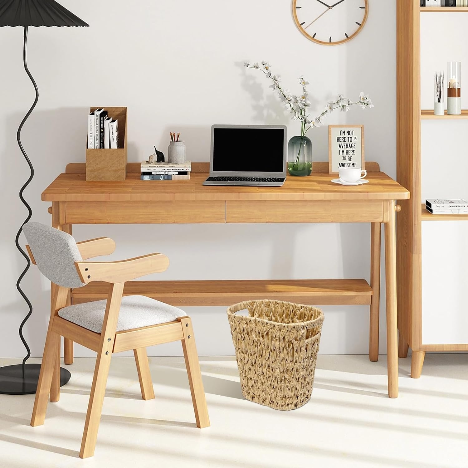 Wicker Bathroom Trash Can, Waterproof Rattan-Style Waste Basket with Handles, Decorative Garbage Bin for Bedroom, Office, 12.6×7.5×12.2 Inch (1, Linen)