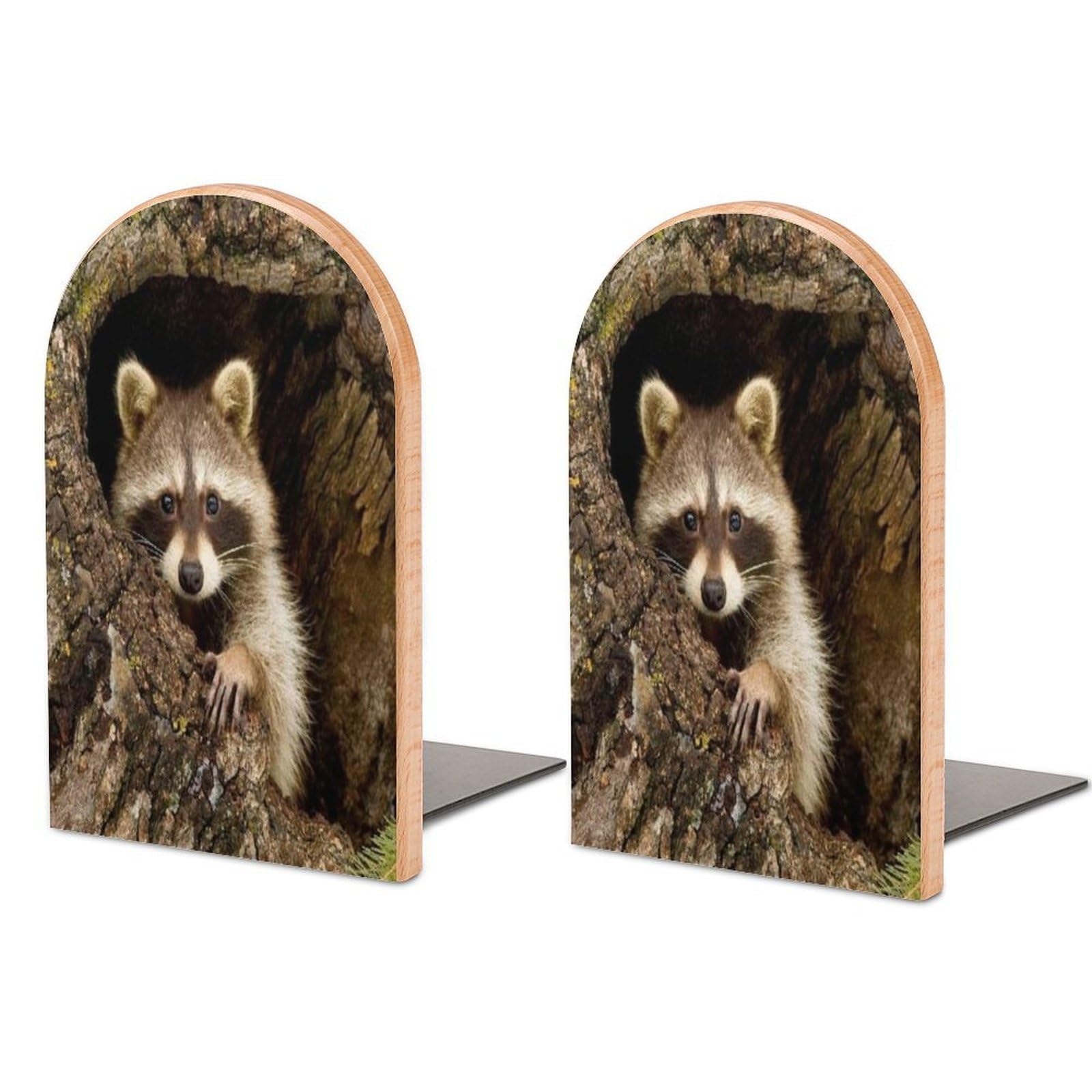 Raccoon Come from Tree Hole Beech Wood Bookends Heavy Duty Book Organizers Desktop File Holder for Office Home Bookshelf