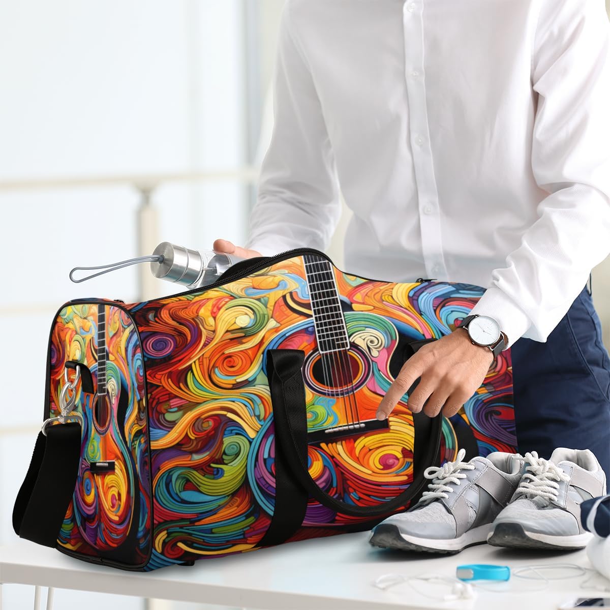 Abstract Guitar Travel Duffel Bag for Women Men Large Capacity Overnight Weekender Bags for Lightweight Waterproof Sport Gym Bag for Workout Yoga Swim