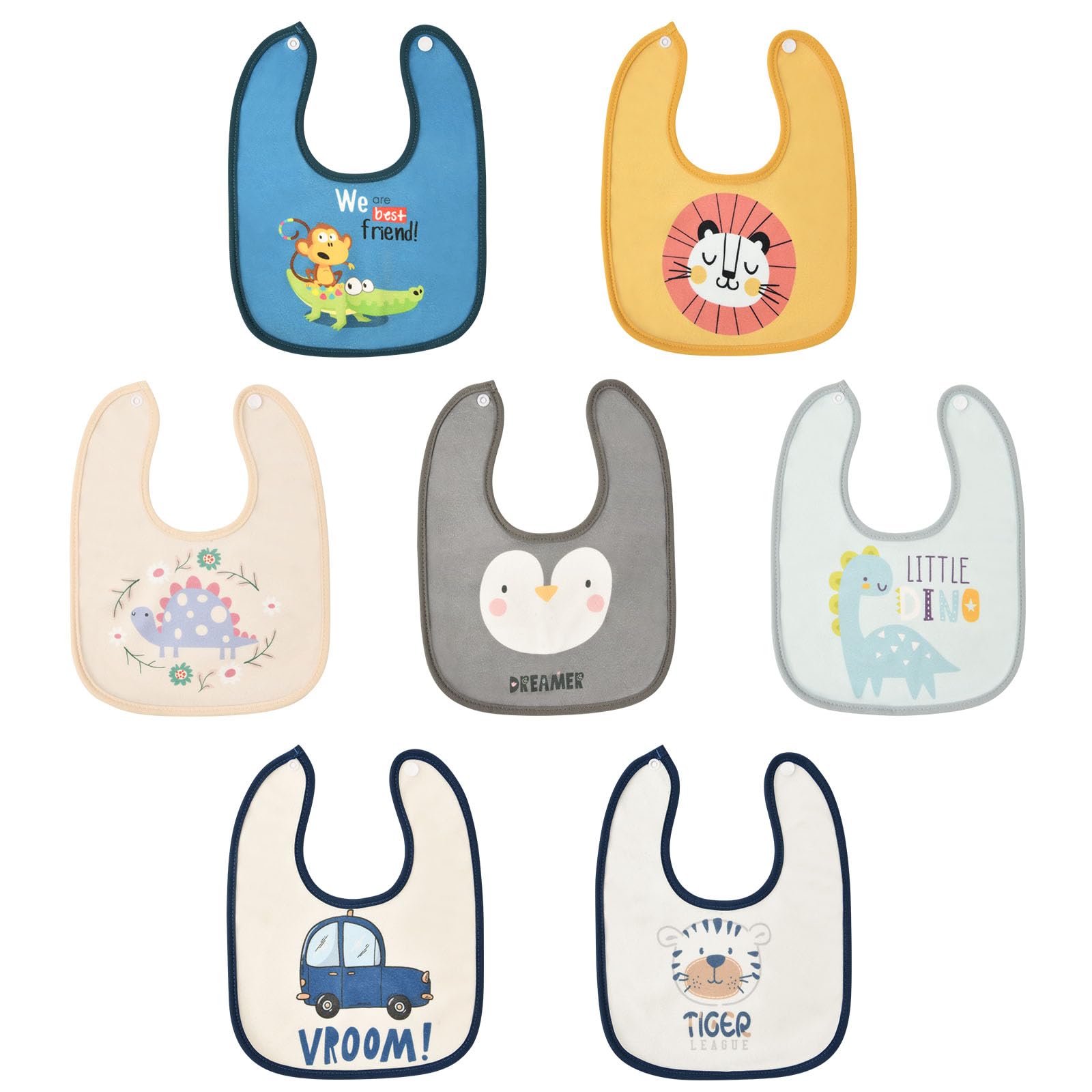 Bavaglini Neonato 7 Pezzi Impermeabili Cotone Unisex con Bottoni Regolabili per Ruttino Giocare Mangiare 0-3 Anni