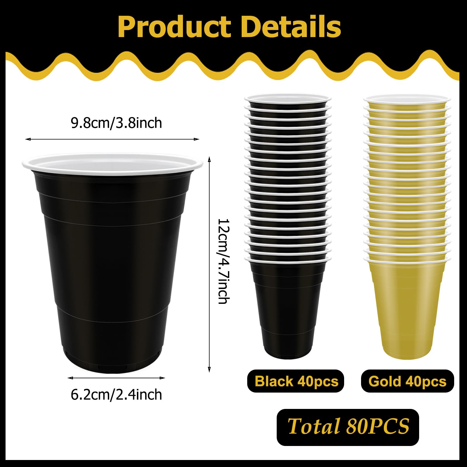 80 bicchieri di plastica nera e oro - 473,6 ml, riutilizzabili, bicchieri di plastica robusti colorati per bere, matrimoni, feste di compleanno, Natale