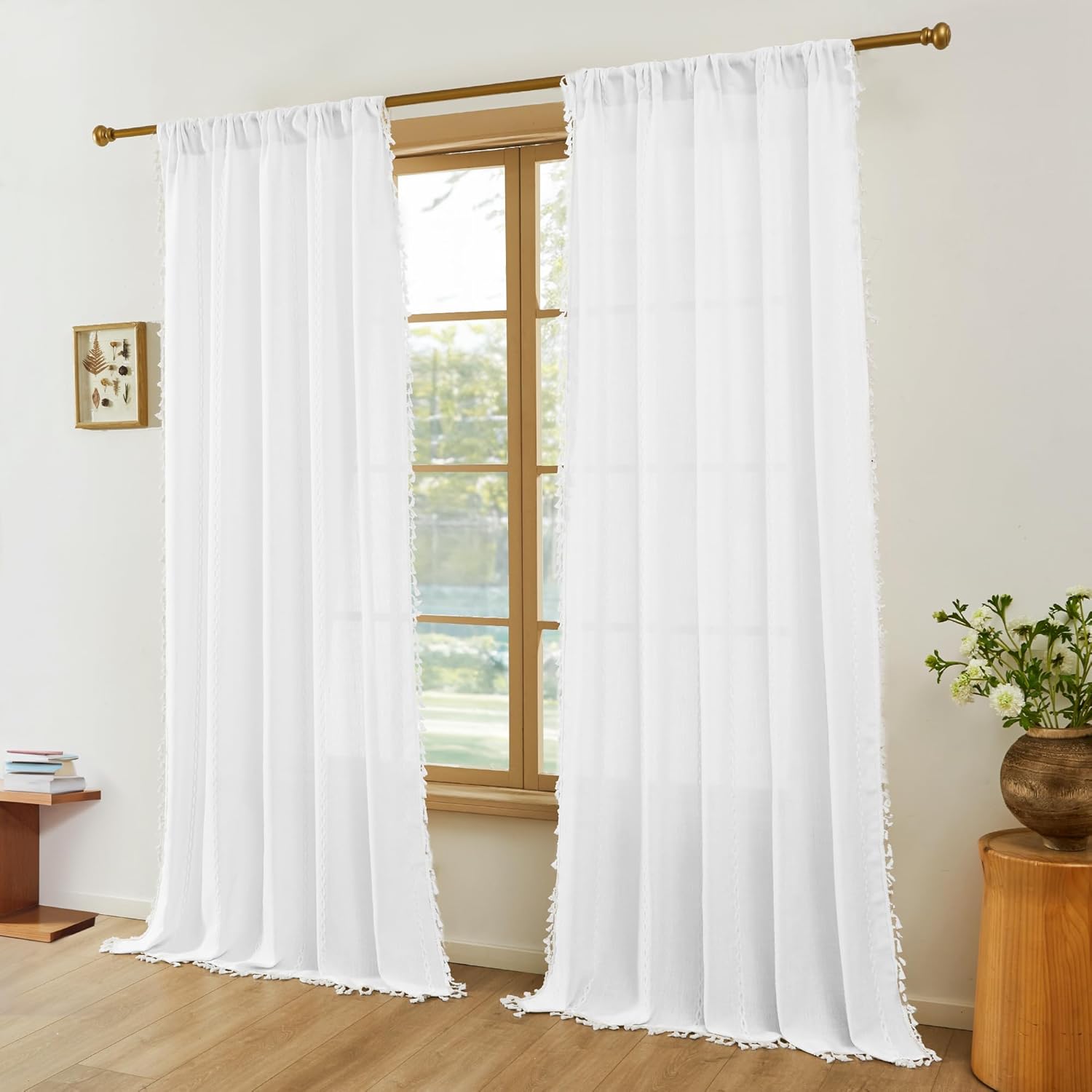 Deconovo Boho Curtains, Semi-Sheer Curtains 2 Panels, Faux-Linen Window Curtain with Tassel, Rod Pocket Light Filtering Window Drapes for Living Room/Bedroom, 52W x 84L, White, Easy Care, Easy Install