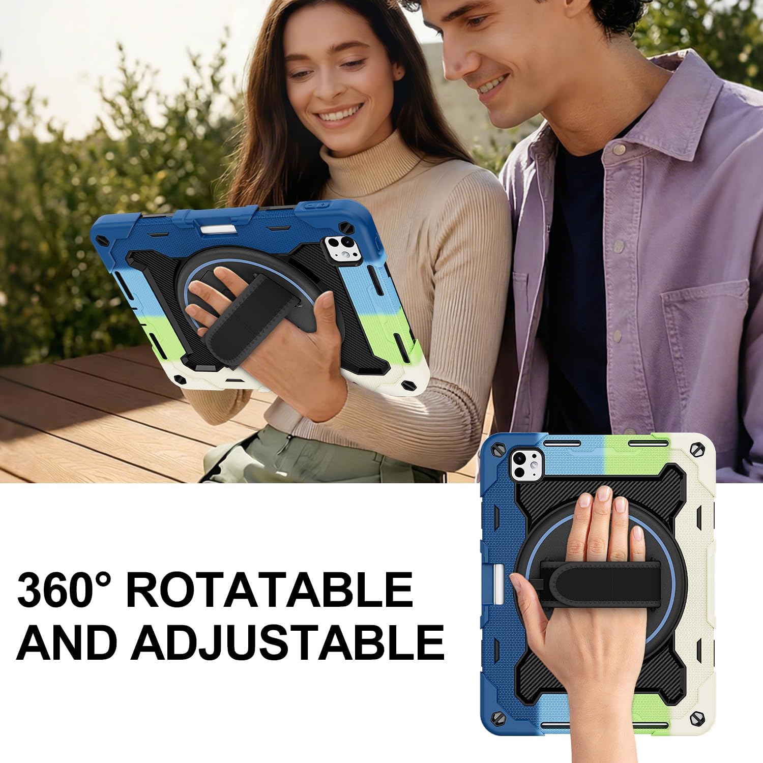 iPad Pro 11 Inch Case M5 2025/M4 2024, Heavy Duty Shockproof Protective Case with Screen Protector, 360° Rotating Stand Hand Strap Shoulder Strap Kids Cover Apple Pencil Holder