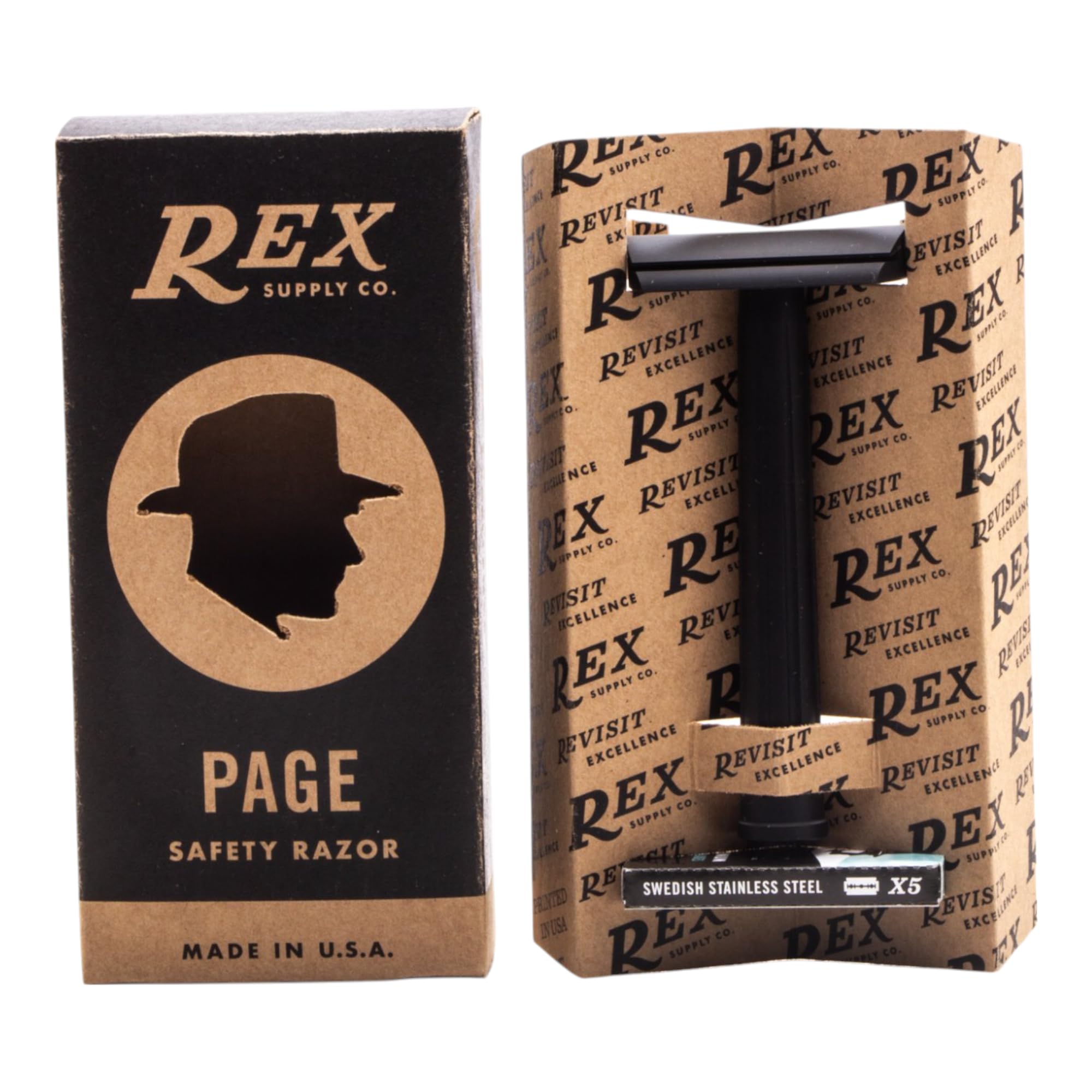 Rex Supply Co. Page Rasoio di sicurezza a doppio bordo in tre pezzi, finitura in alluminio nero corvino, leggero rasoio fresato CNC per uomo, strumento da barba adatto ai viaggi compatibile con tutte | La struttura leggera in alluminio fresato CNC offre u