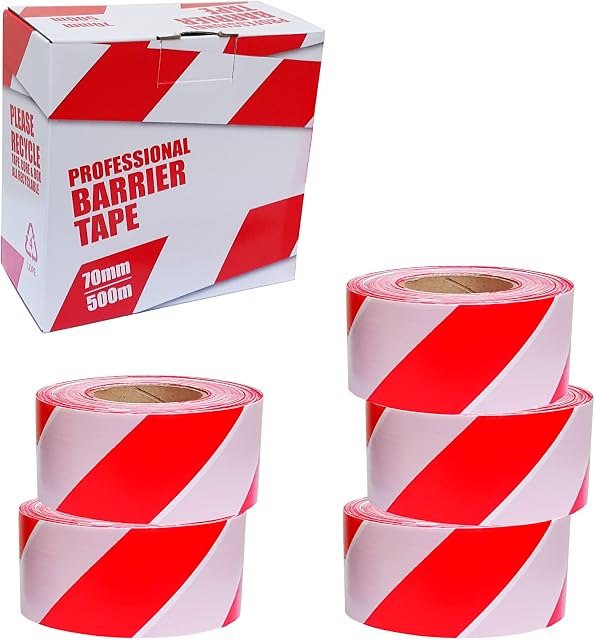 5 x Professional Barrier Hazard Safety Warning Tape - Red & White, 70mm x 500m