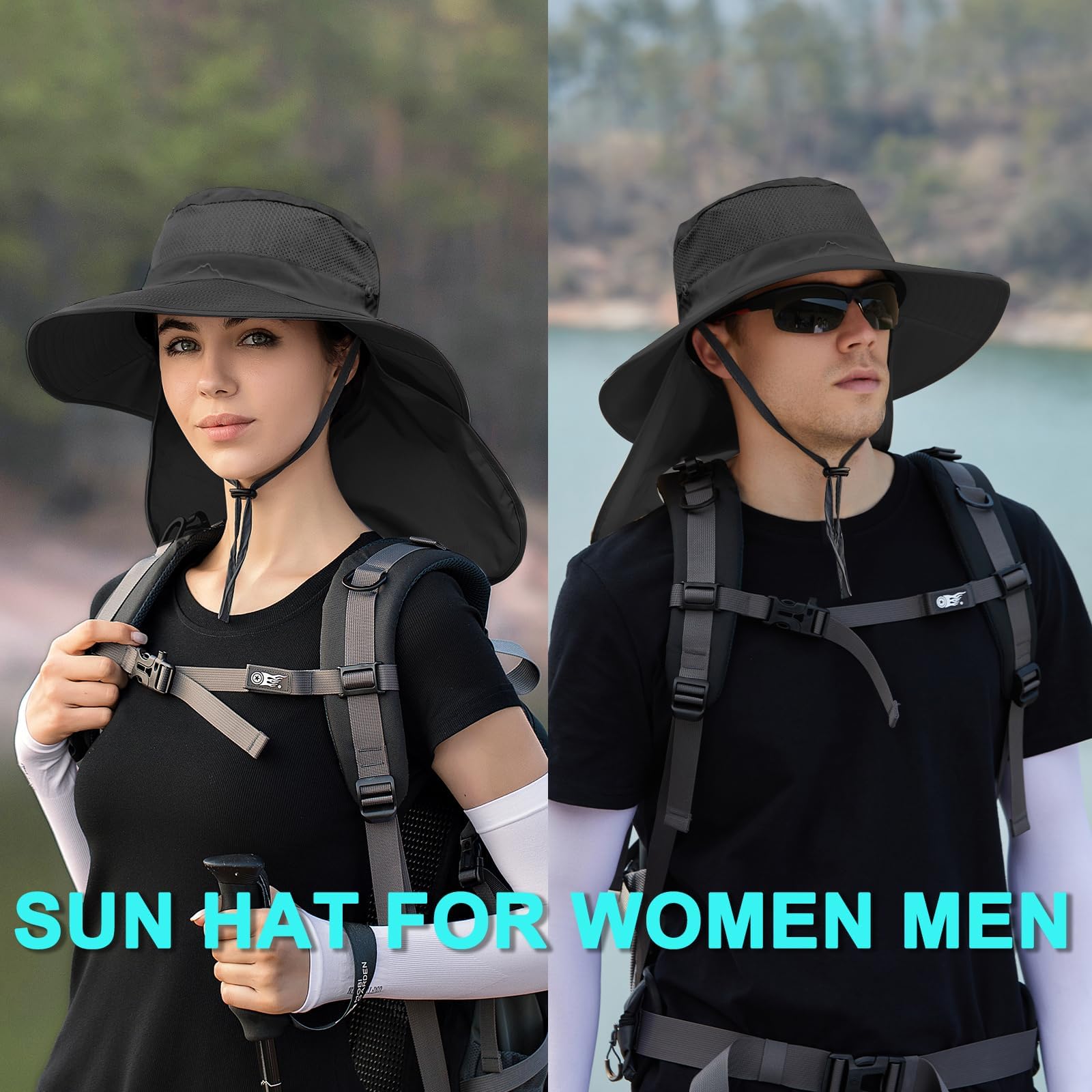 ZOORON Sun Hats for Men Women Fishing Hat with Neck Flap,UPF 50+ Sun Hat Waterproof Wide Brim Bucket Hats for Safari Hiking