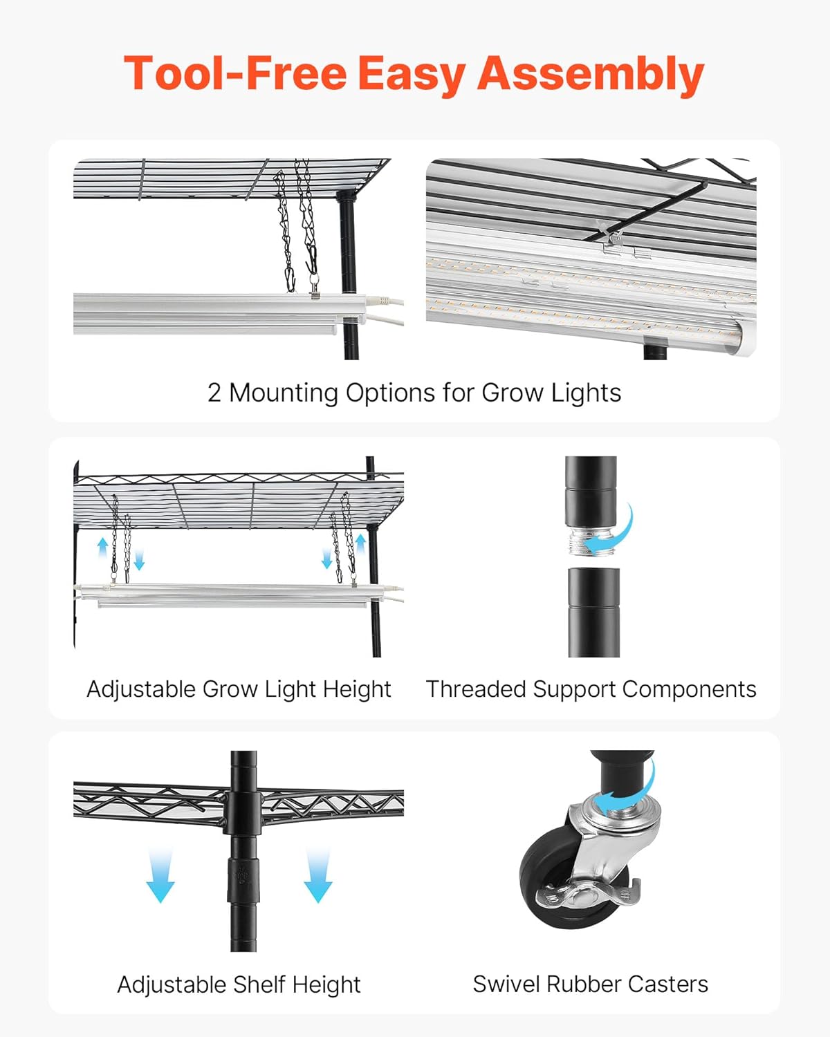 Diagram illustrating tool-free assembly, adjustable shelf height, and grow light mounting options