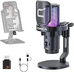 comica EJoy Uni Pro Microfone USB sem fio com receptor USB C, microfone condensador RGB para streaming/podcasting/gravação, microfone para jogos para PC/computador/telefones (suporte para microfone)