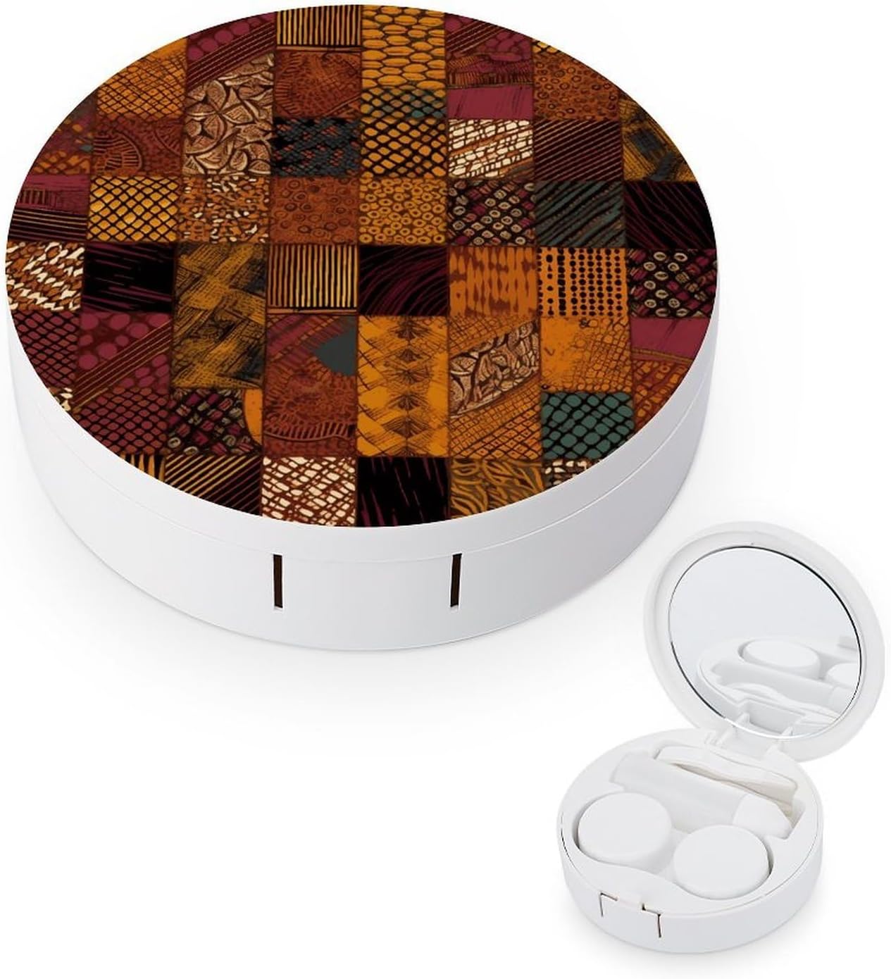 African Style Patchwork Contact Lens Case Portable Contact Lens Applicator Removal Tool Kit Cute Round Eyeglass Cases with Mirror for Daily Vision Care And Outdoor Use
