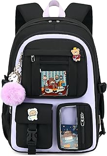 여아용 백팩 액세서리 노트북 책가방 40.6cm(16인치) 카와이 어린이 초등학교 중학교 가방 대학 여행 데이팩 선물 청소년 여성 학생용 (블랙 퍼플)