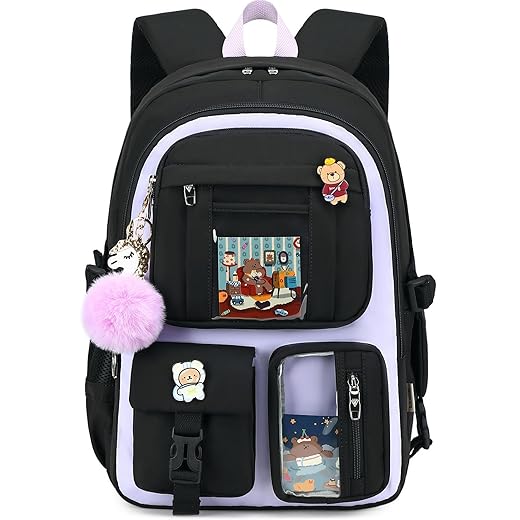 Backpack for Girls with Accessories Laptop Bookbags 16 Inch Kawaii Kids Elementary Middle High School Bag College Travel Daypack Gifts for Teens Women Students (Black Purple)