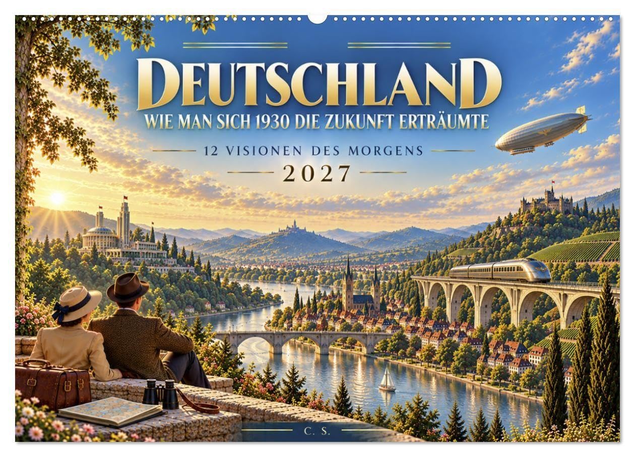 Deutschland - Wie man sich 1930 die Zukunft erträumte (Wandkalender 2027 DIN A2 quer), CALVENDO Monatskalender: Zwölf außergewöhnliche Bildwelten ... charakteristischen deutschen Landschaften.
