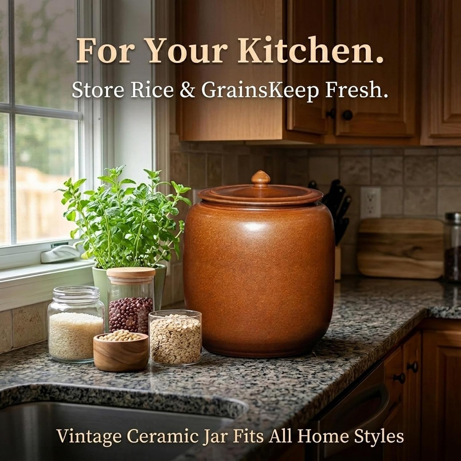 Ceramic Rice Storage Container with Lid,Airtight Grain Dispenser Jar