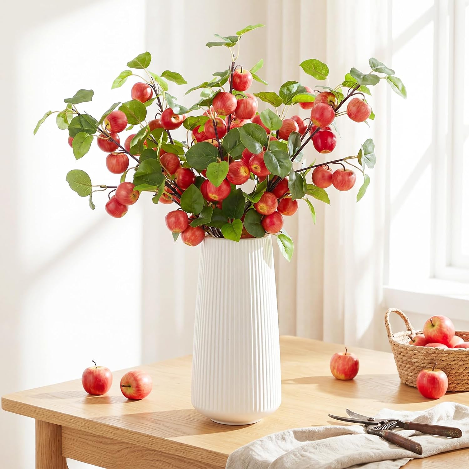 6 Pcs 29.53 Inches Artificial Fake Apple Branches Realistic Tall Apple Bouquets Tree Branch with Long Stem and Green Leaves Fruit Plant for Home Office Vase Filler Shop