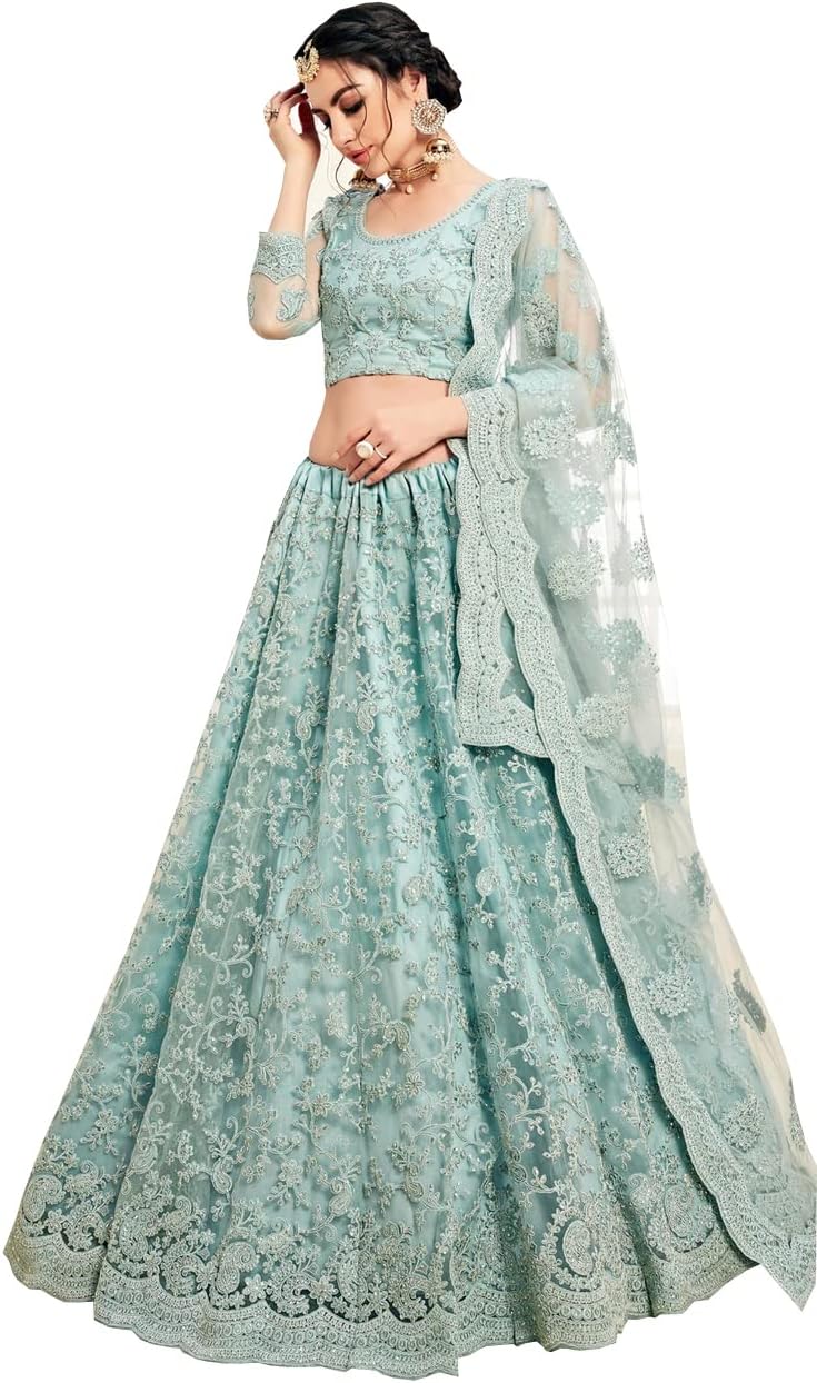 Monrav Women's Net Embroidered Semi-Stitched Lehenga Choli(Pl410)