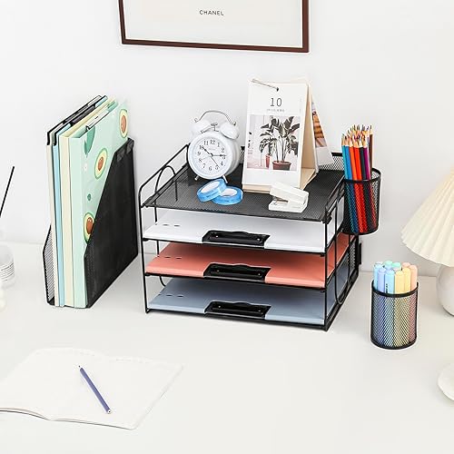 Miniatura 2 de COMFYROOM Organizador de escritorio con soporte para archivos, organizador de bandeja de papel de 4 niveles con 2 soportes para bolígrafos,