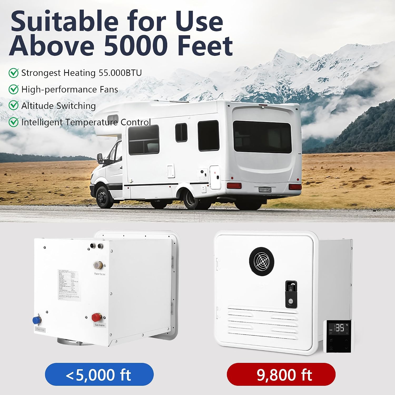 55,000 BTU RV Tankless Water Heater, 15x15 Inch On-Demand Instant Hot Water System with Remote Control, 12V DC, Compact Design for RVs and Campers, White