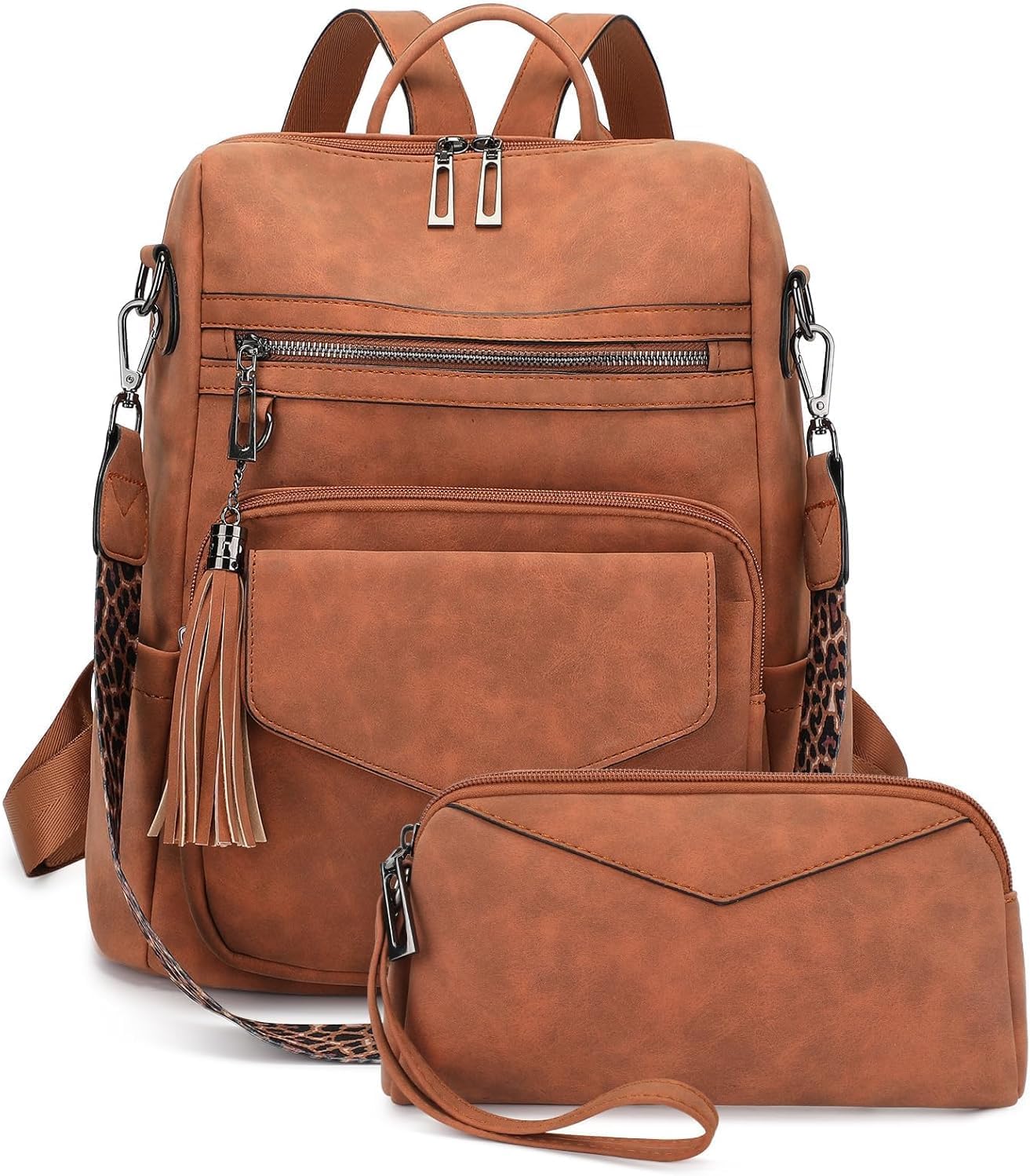 UBORSE Vintage Leather Backpack Purse for Women, Brown Multi-Pocket Design with Leopard Trim, Tassel Detail, Large Capacity Travel Bag with Multiple Compartments