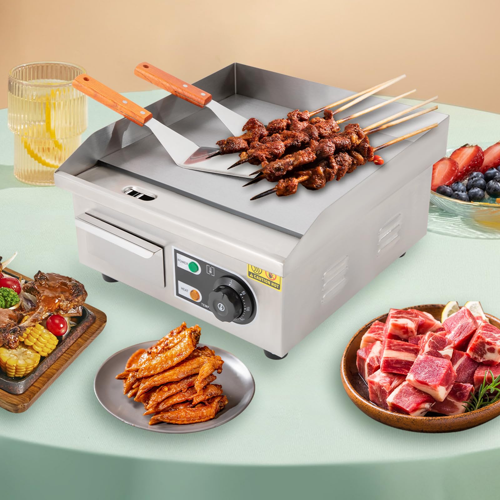 Kommerzielle Elektrische Grillplatte Edelstahl 2000W 50-300℃ 14Zoll Elektrogrill mit 2 Spachteln