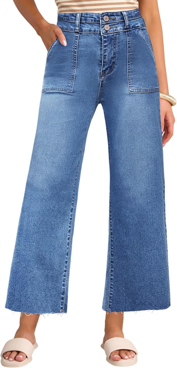 Allimy Womens High Rise Two Button Closure Cropped Jeans Wide Leg Front Slip Pockets Frayed Hem Denim Pant - Image 3