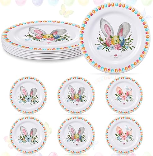 Yoande 6 platos de ensalada de Pascua de 9 pulgadas con motivos de flores de conejo, mariposa, platos redondos para servir postres para pan,
