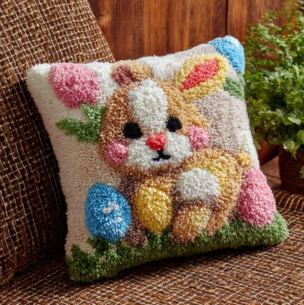 WallustrioaW DIY Latch Hook Kits for Adults,Rabbits and Easter Eggs,Pillow Cover Kit Needlework Cushion Cover Hand Craft Crochet for Home Sofa Decorations,17x17in