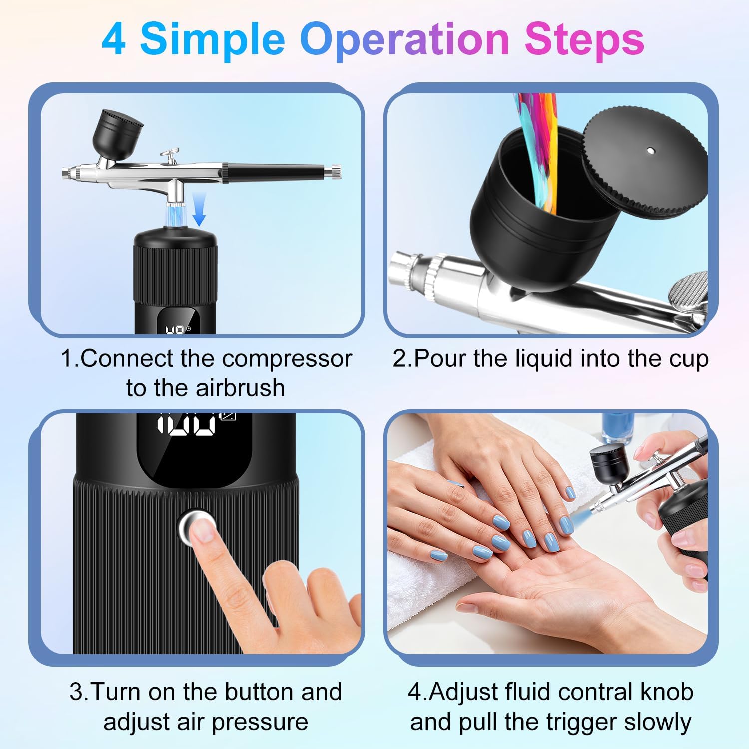 Airbrush Kit for Nails with Compressor, 28/38/48PSI High Pressure, LED Display, 6000mAh Long Standby, Cordless Portable Nail Airbrush Machine with 3 Types Nozzle for Painting, Makeup, Cake & Nail Art