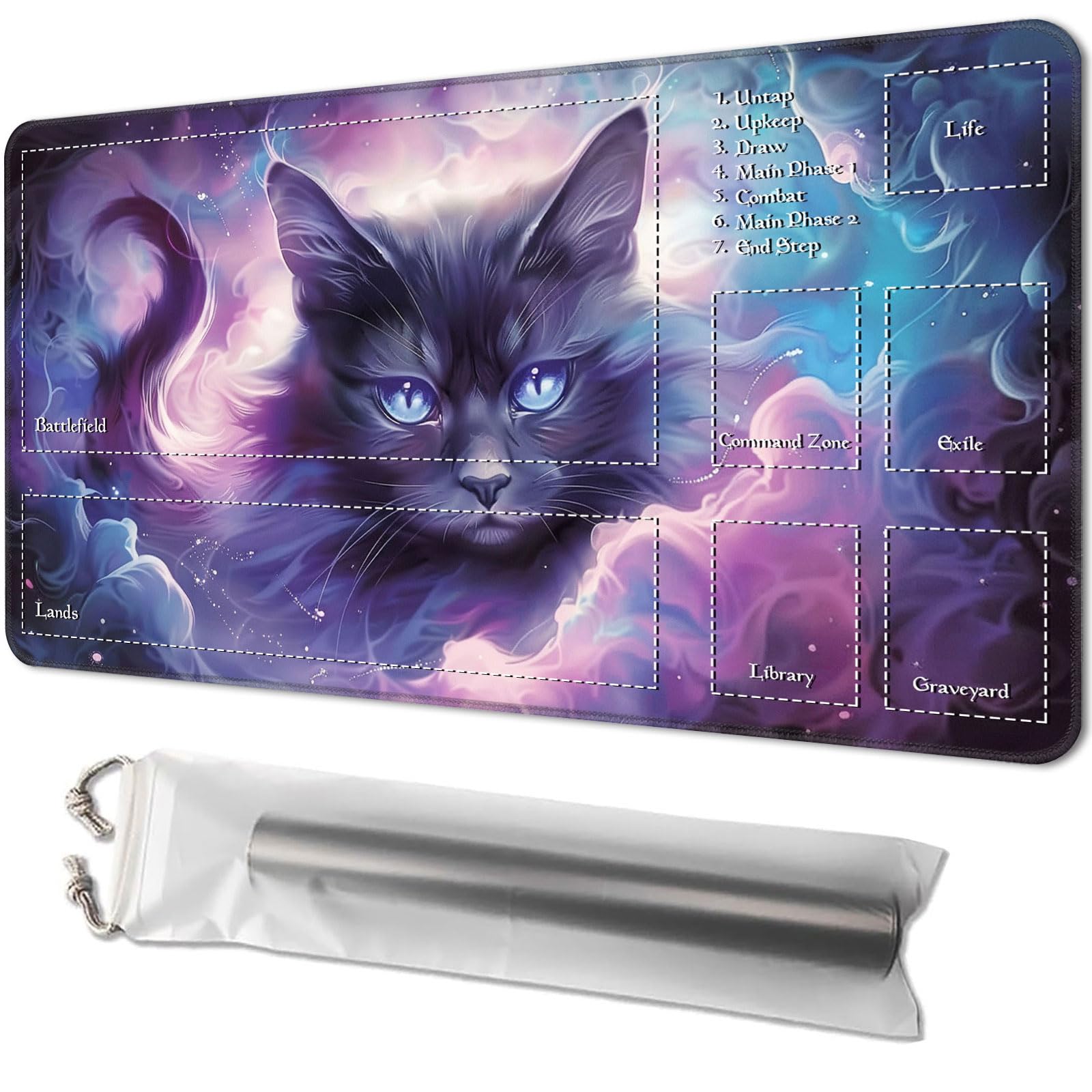 Playmat for MTG, Game Mat 24 x 14 inches, with Free Storage Bags, TCG and Board Game Mat for Cards, Ideal for Card Game Enthusiasts, Blue Eyes Cat — image 1