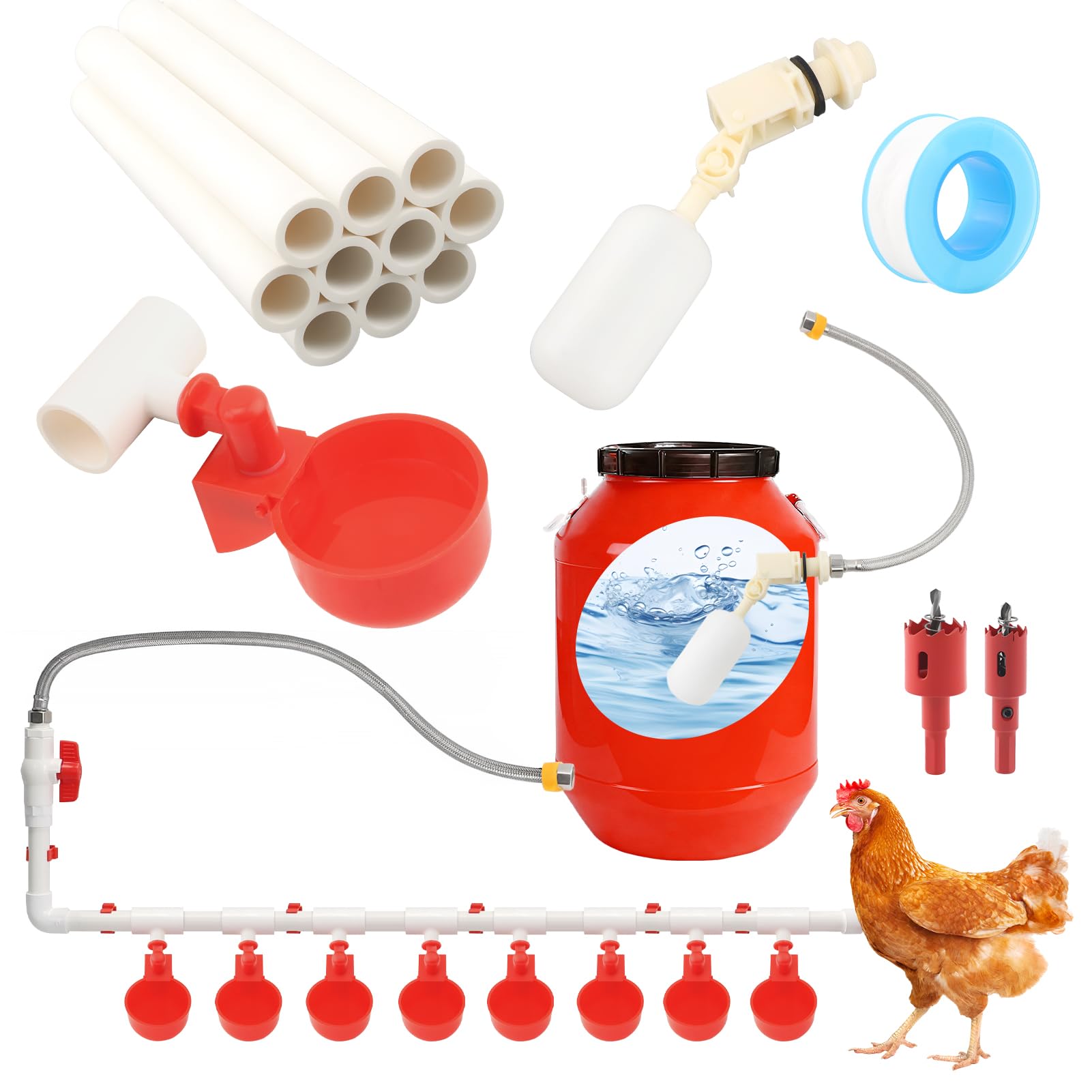 Sistema automático de riego de pollo, juego completo de comedero de agua para aves de corral con tazas de agua, válvula flotante, manguera de jardín para bricolaje (cubo no incluido)